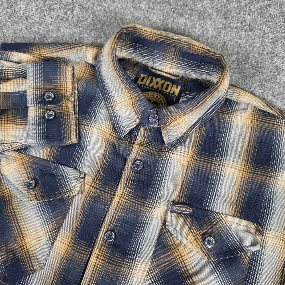 Dixxon Flannel Shirt Mens L Cycle Gear 50th Anniversary Blue Gold Plaid D-Tech